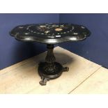 Low papier mache table, on pedestal base, the table inlaid with abalone shell & painted with flowers