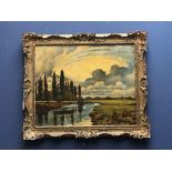 Early C20th oil on canvas 'Riverside Scene' illegibly inscribed verso 49 x 60cm in gilt frame