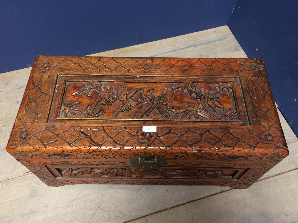 Small Oriental heavily carved chest 69 x 31 x 31 cm - Image 2 of 3