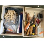 Various cello spikes, box assorted chisels, box of knives & various bridges