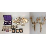 Case set of silver Apostle spoons & tongs, silver teapot, silver plate & various coins, pair of gilt