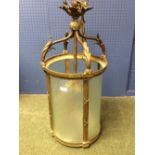 Early C20th bronze & glazed hanging lantern 34 cm dia 73 cm h