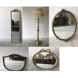 Gilt standard lamp & 4 assorted wall mirrors