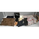 Collection of vintage handbags including WWII bag with fitted gas mask box, Gucci clasp bag, evening