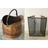 Good quality 1920s brass log container, fire dogs, fire irons & other brass items, wicket log