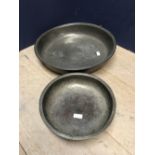 2 Pewter bowls, both 8cm h, 28 & 47cm diameter & Pair of adjustable brass wall sconces