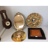 Gilt with porcelain panels - table centre piece, 3 papier mache trays, 1920 wheel barometer, mirror,