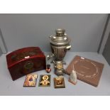 Collection of items including a red lacquered box, electric water heater, cheese plate, teapot, silk