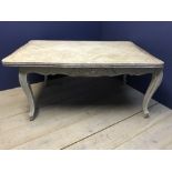 Decorative dining table with grey painted base & scrolling legs, the top with a scumbled lattice