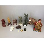 Group of soap stone, jade & other figures, brass pill box & a papier mache brooch