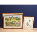 Signed, number 2/500 print of Pinewood School 56 x 43 cm, & watercolour of a pine cone signed A