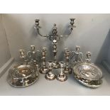 Plated candelabra with 2 pairs of matching candle sticks, 2 modern plated candelabra & 2 compotes,