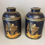 Pair of Royal blue circular tea cans decorated in the Chinese style 36 cm h