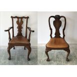 2 Hall chairs both Queen Anne with claw & ball feet, 1 in yew wood