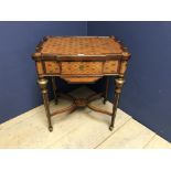 In the C19th style a French sewing table inlaid in a seletion of hard woods with ormolu mount 63 x