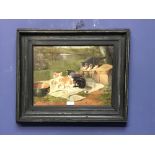 Framed oil painting study of 'Playful Kittens in a Garden Setting' 29 x 38 cm