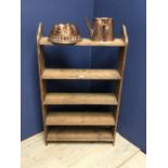Pine 5 shelved hung plate rack (bookcase), copper water jug of unusual form & copper mousse mould