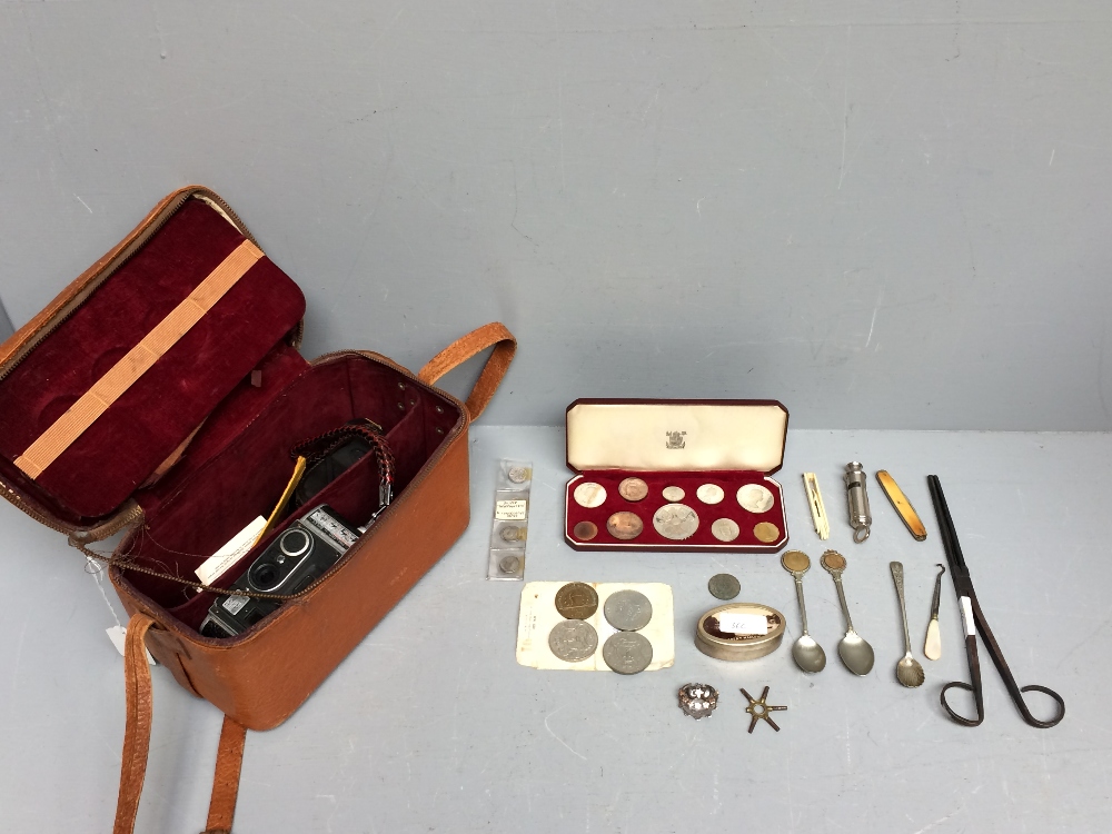 Qty of colletables including proof set of 1953 coins, ARP whistle, various coins, spoons, pen