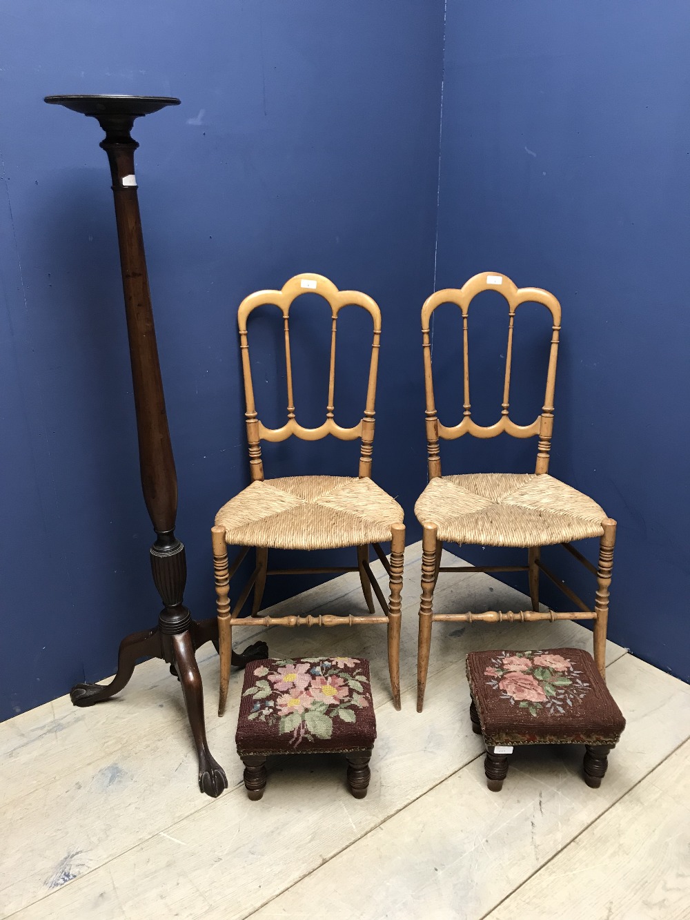 Pair of tapestry covered footstools & a William IV Torchiere & 2 bedroom chairs