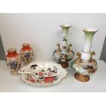 Chinese items to include 2 Large green vases depicting birds, 2 smaller vases depicting cherry