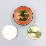 Circular papier mache lidded box containing a circular miniature water colour 'A Continental