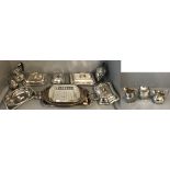 Hot plate with burners & a selection of plated trays, teapots & entree dishes etc