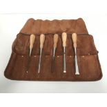 Set of 5 bevel edged chisels by Lie Nielsen in leather tool roll