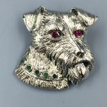 Silver dog brooch set with ruby eyes & emerald collar