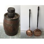 2 Coppered barrels, 1 a silver barrel with old shipping label of London to Cochin, the other