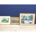 M BLENCH C20th watercolour 'Garden Scene From a Veranda' 35 x 46 cm framed & 2 other pictures