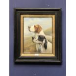 Ebonized framed oil painting ' Study of 2 Setter Dogs on a Grassy Hillside' 37 x 29.5 cm