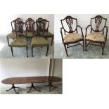 3 Pedestal 'D' ended mahogany dining table 281 x 99 cm with a set of 10 mahogany chairs (including 2