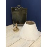 2 Kate Foreman standard lamp shades, brass fire screen & a small gilt corner wall bracket