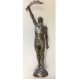 C9th Large bronze figure of a man with fencing foil, holding a piece of laurel aloft, signed E