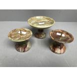 Pair of onyx candle stands & small onyx bowl on pedestal