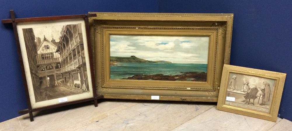 C19th/20th Oil on canvas ' Seascape with Figures on the rocks' 22 X 46cm in gilt frame. C19th