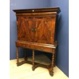 C18th Continental Goncalo Alves & walnut cabinet on stand, the upper part fitted 2 doors, beneath