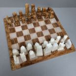 Marble brown & white chessboard (37 x 37) & matching chessmen