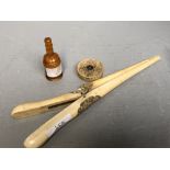 Snuff bottle, possibly amber & small ivory box & broken pair of ivory glove stretchers
