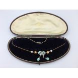 Belle Epoque opal, ruby & enamel drop pendant necklace on yellow metal chain link necklace,