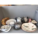4 Large oval meat plates, qty of enamelled jugs, bowls etc, wooden tray & various aluminium jugs etc