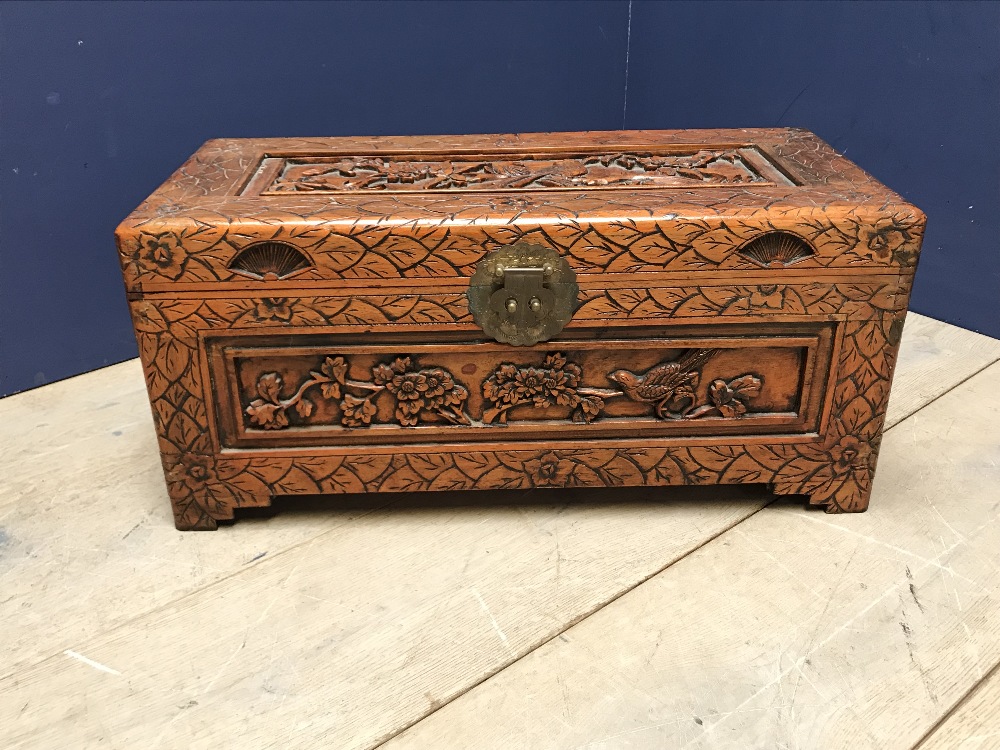 Small Oriental heavily carved chest 69 x 31 x 31 cm