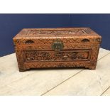 Small Oriental heavily carved chest 69 x 31 x 31 cm