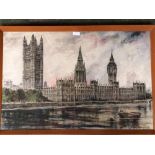 C20th colour print of 'The Houses of Parliament' 49 x 75 cm framed & glazed