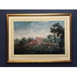 Print of 'Country House Scene with Cricket Match ' to fore at Kenfield Hall 79 x 55 cm framed &