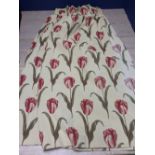 Pair of oatmeal lined linen curtains with a tulip pattern 140 w x 220 d cm