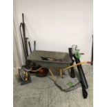 Useful collection of garden tools including a leaf blower, wheel barrow, flow through hose etc