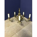 Brass chandelier 5 light with a gradoon baluster stem with 5 scrolling branches, fitted for