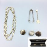 Small qty of silver items, including 3 buttons made from coins dated 1752 & white metal necklace