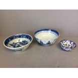 C18/19th Blue & white bowl decorated in the oriental palette & 2 other oriental blue & white bowls